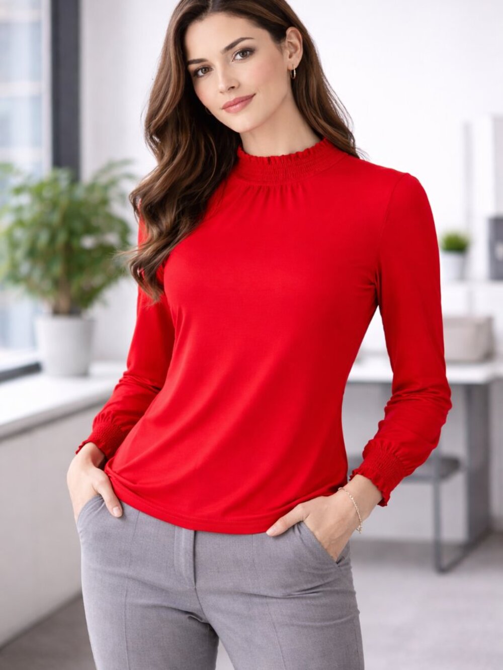 Anne Klein Bright Red Mock Neck Long Sleeve Blouse XL